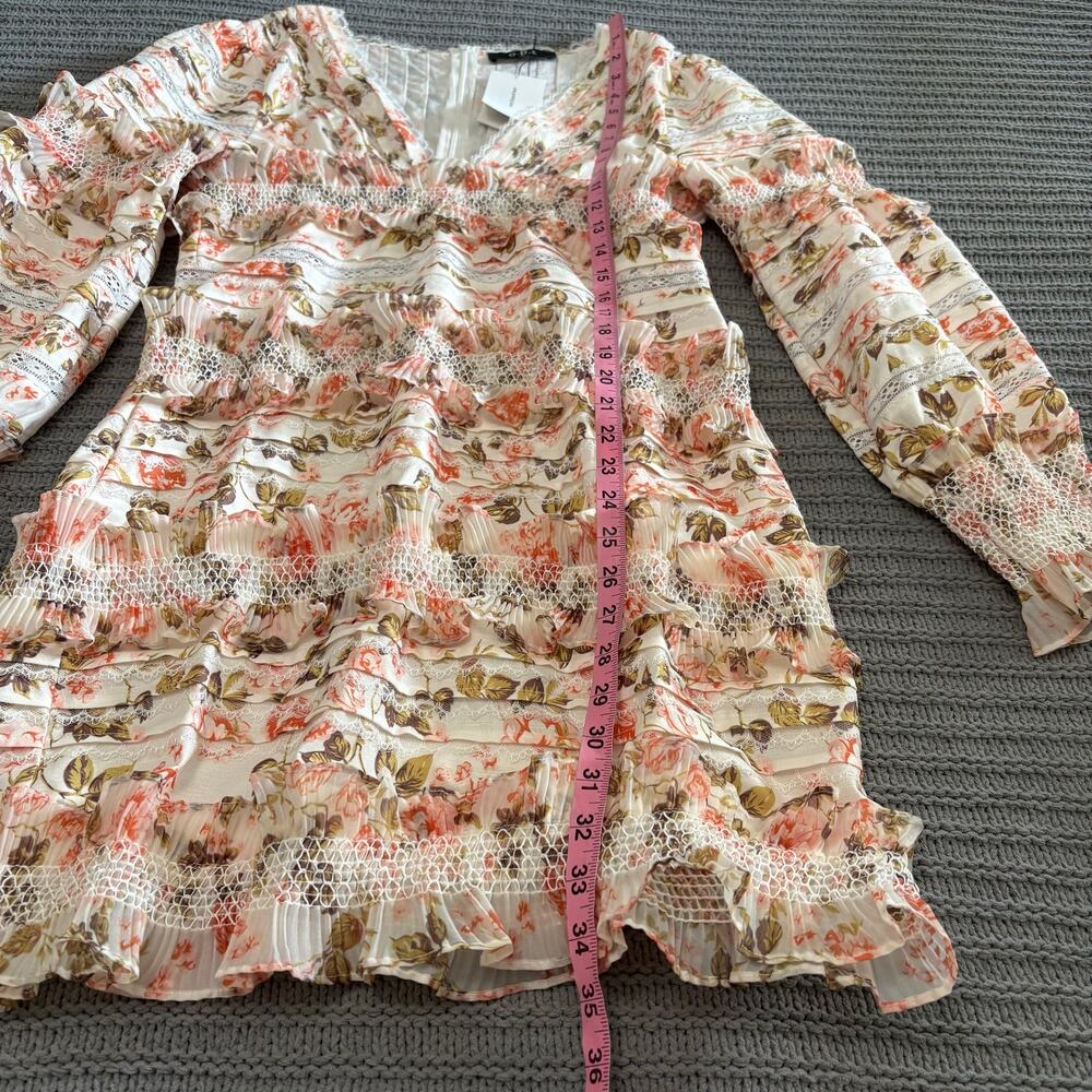 O.P.T. Flora Floral Print Ruffled Long Sleeve Bodycon Mini Dress Sz XL Coquette - Picture 4 of 10